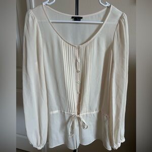 Theory Cream 💯 Silk Long-Sleeve Pleated Button Blouse